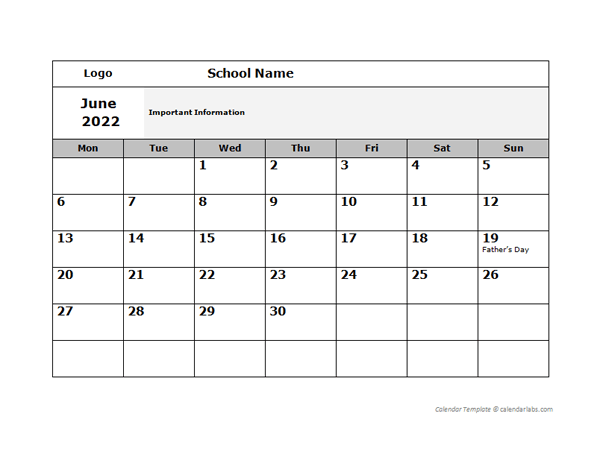 2022 School Monthly Mon Jun-Sep Calendar