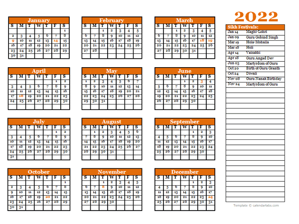 2022 Sikh Festivals Calendar Template