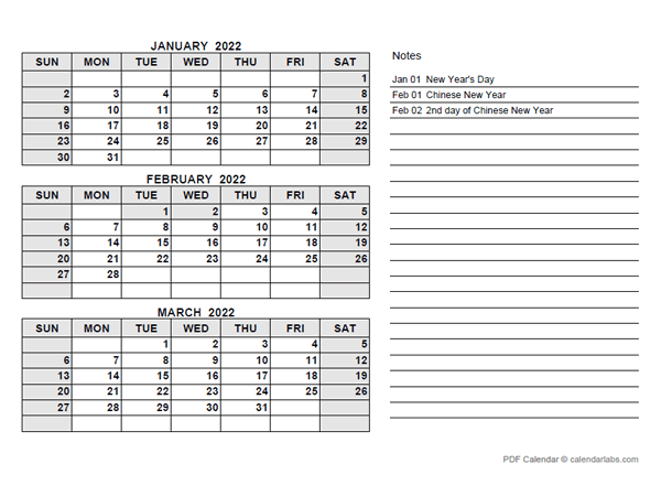 2022 Singapore Quarterly Calendar with Holidays