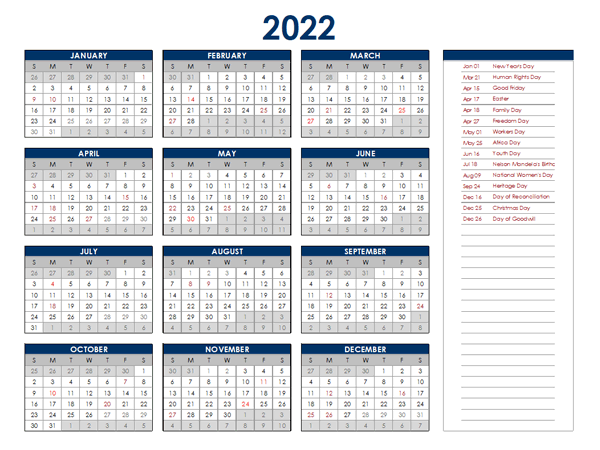 2022 South Africa Annual Calendar with Holidays