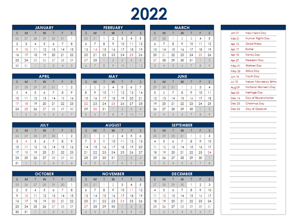 2022 south africa annual calendar with holidays free printable templates