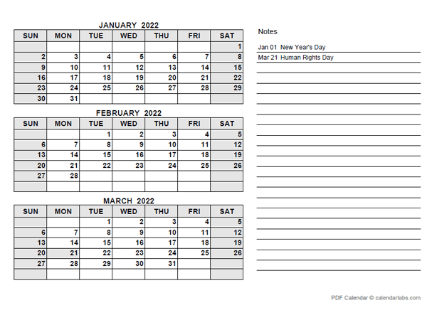 2022 south africa quarterly calendar with holidays free printable templates