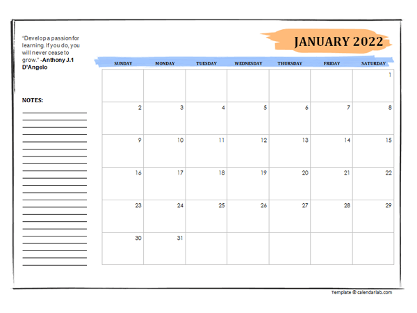 2022 Student Calendar With Note Space