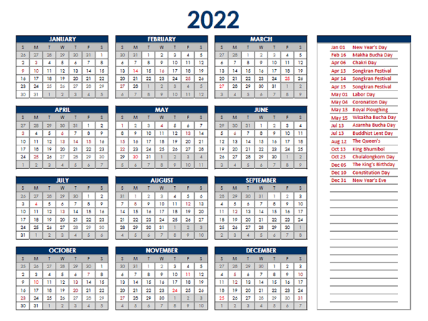 2022 Thailand Annual Calendar with Holidays