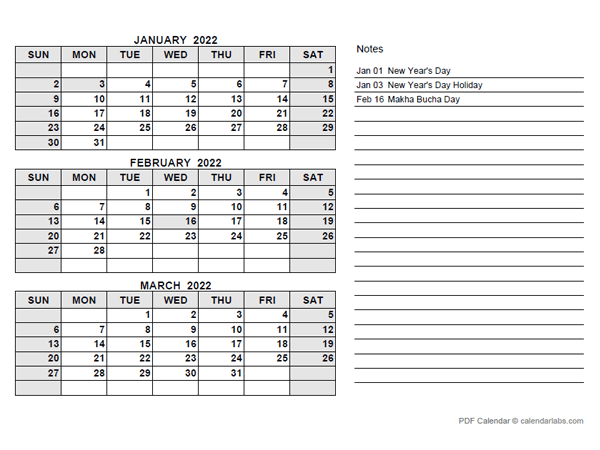 2022 Thailand Quarterly Calendar with Holidays