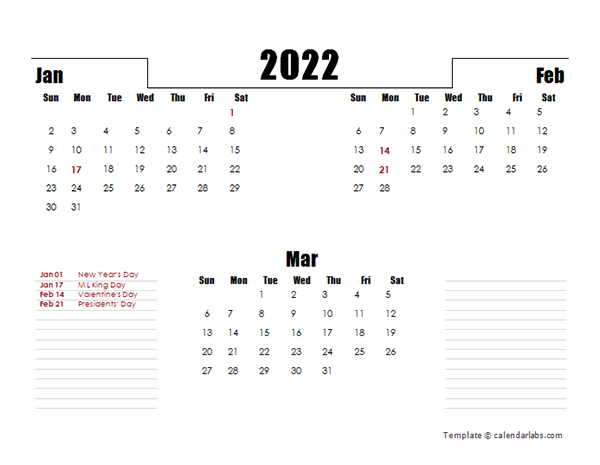 2022 Quarterly Three Month Calendar