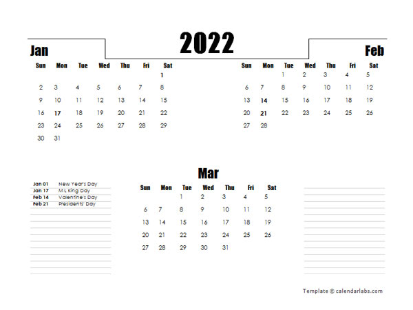 2022 Three Months Word Calendar Template