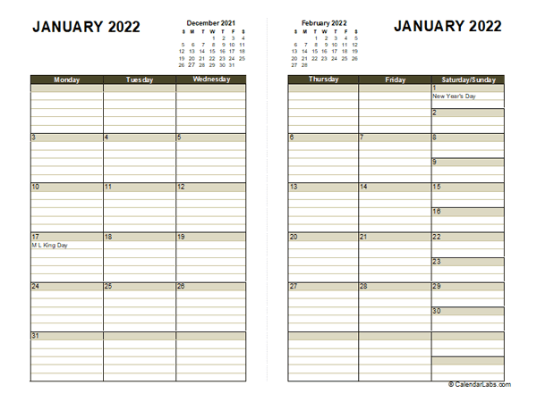 2022 Two Page Monthly Calendar A3