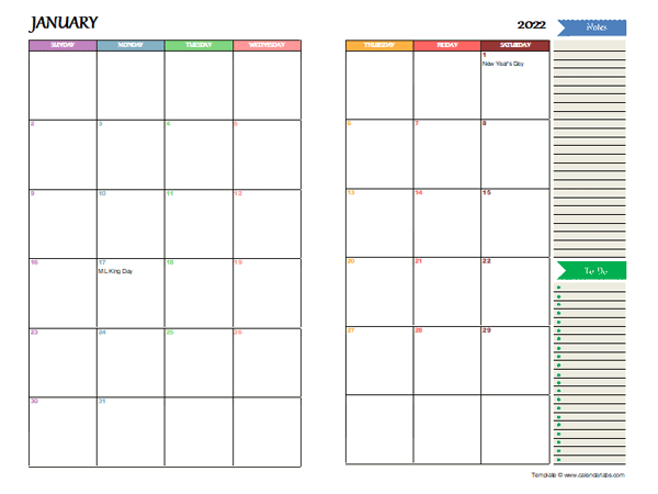 2022 Two Page Monthly Spreadsheet Calendar