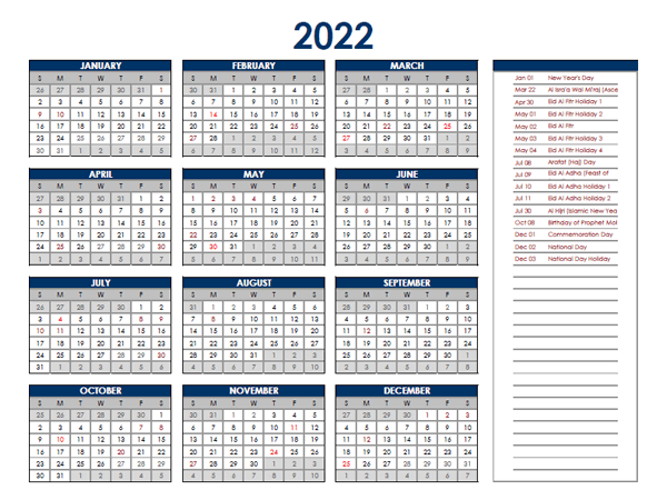 2022 Uae Annual Calendar With Holidays Free Printable Templates