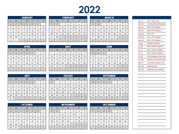 2022 uae annual calendar with holidays free printable