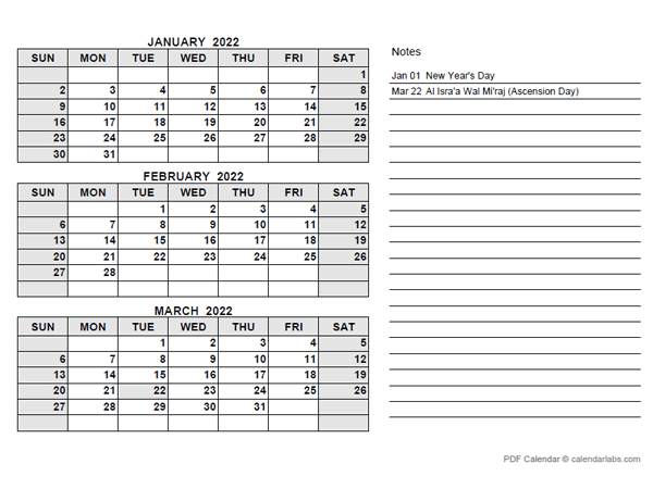 2022 UAE Quarterly Calendar with Holidays