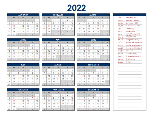 2022 uk annual calendar with holidays free printable templates