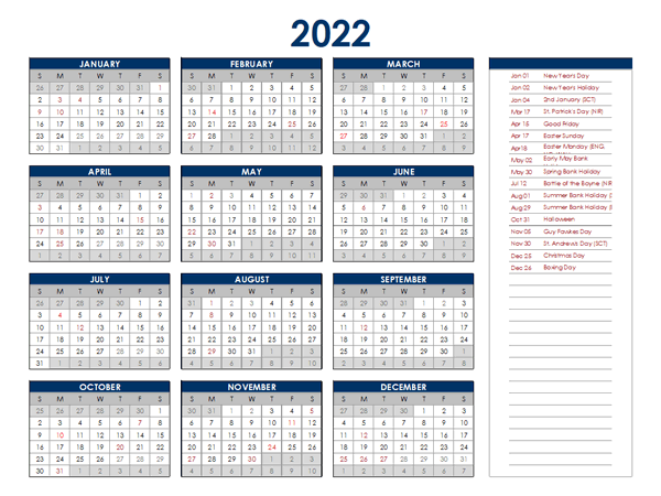 2022 Uk Annual Calendar With Holidays Free Printable Templates