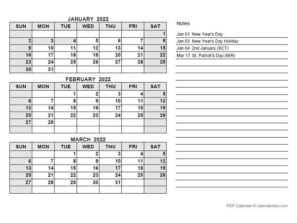 2022 UK Quarterly Calendar with Holidays