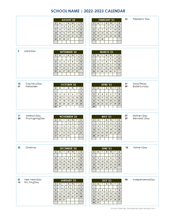 2022 Vertical Yearly Calendar Aug-July