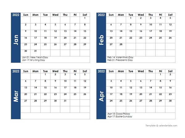 2022 Word Calendar Four Months Per Page