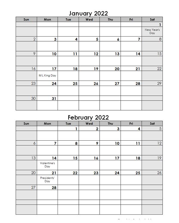 2022 Word Calendar Template Two Months In One Page