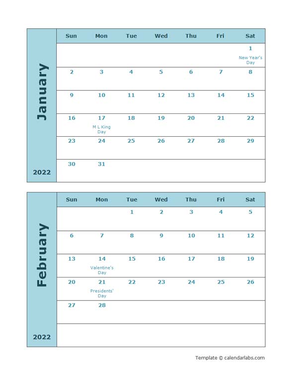 2022 Word Calendar Two Months Per Page