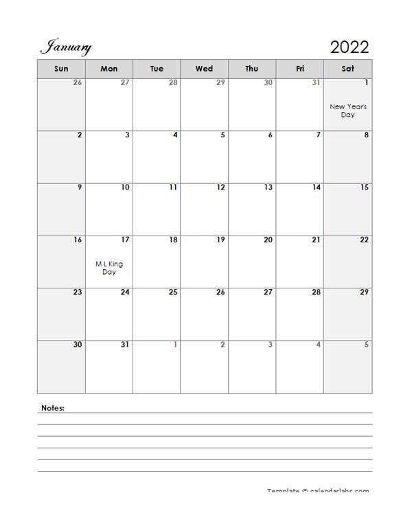 2022 Word Calendar Template With Notes