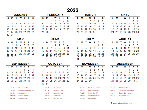 2022 Year at a Glance Calendar with Australia Holidays