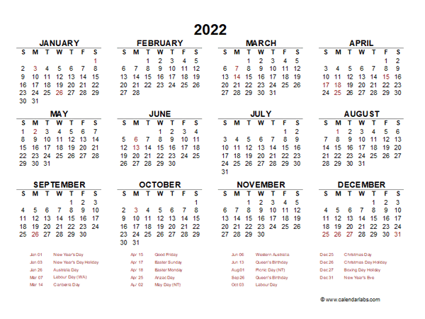 2022 Year At A Glance Calendar With Australia Holidays Free Printable