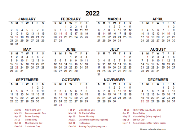 2022 calendar with holidays canada excel