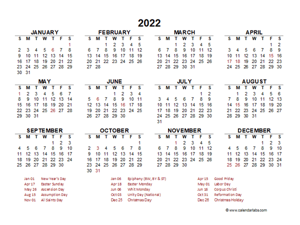 2022 Year At A Glance Calendar With Germany Holidays Free Printable Templates