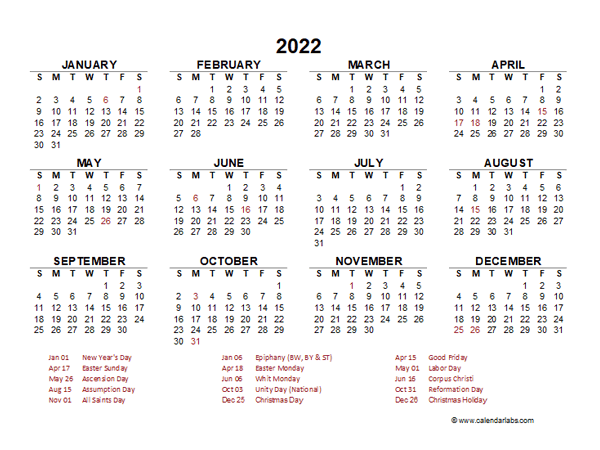 2022 year at a glance calendar with germany holidays free printable