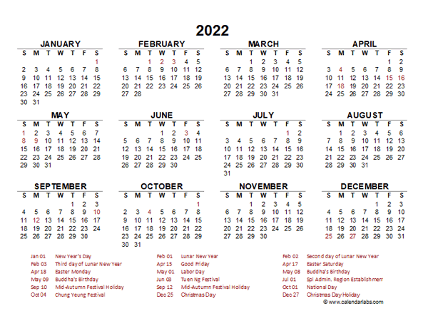 2022 Year at a Glance Calendar with Hong Kong Holidays