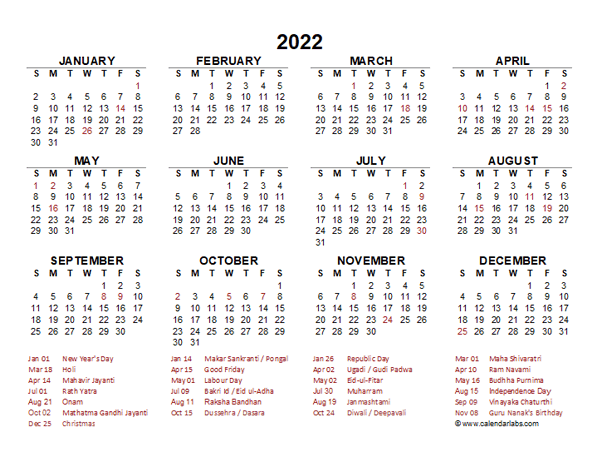 2022 Year at a Glance Calendar with India Holidays