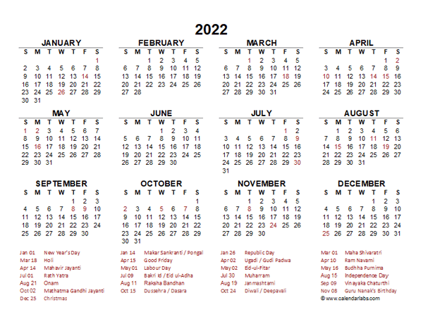 2022 Year At A Glance Calendar With India Holidays Free Printable 