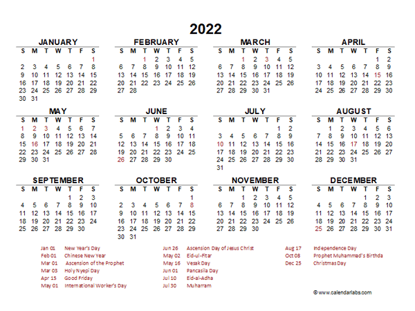 2022 Year at a Glance Calendar with Indonesia Holidays