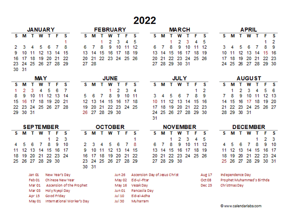 2022 year at a glance calendar with indonesia holidays