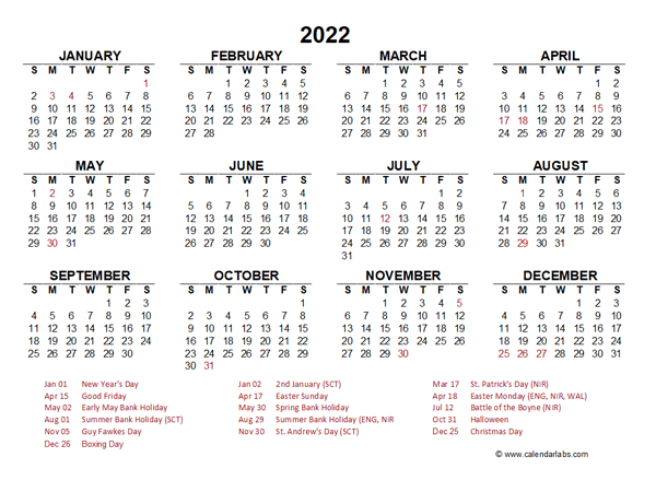 2022 Year at a Glance Calendar with Ireland Holidays - Free Printable Templates