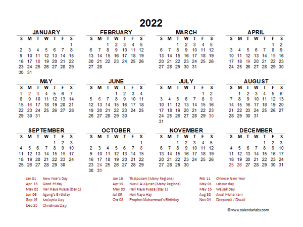 2022 Calendar Printable With Holidays Malaysia Calendar Template Images