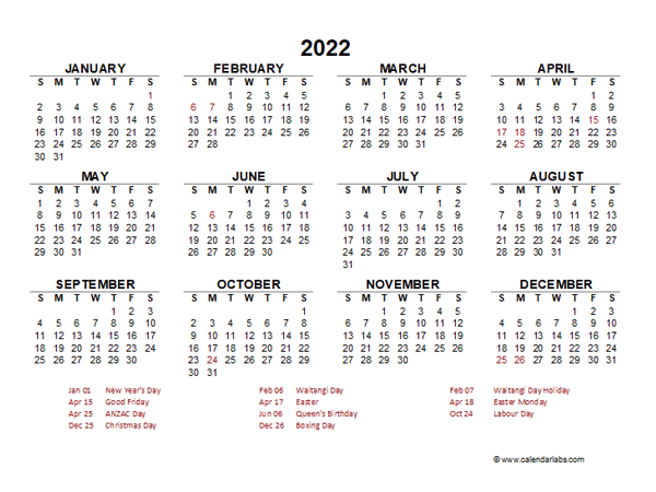 2022 Year at a Glance Calendar with New Zealand Holidays