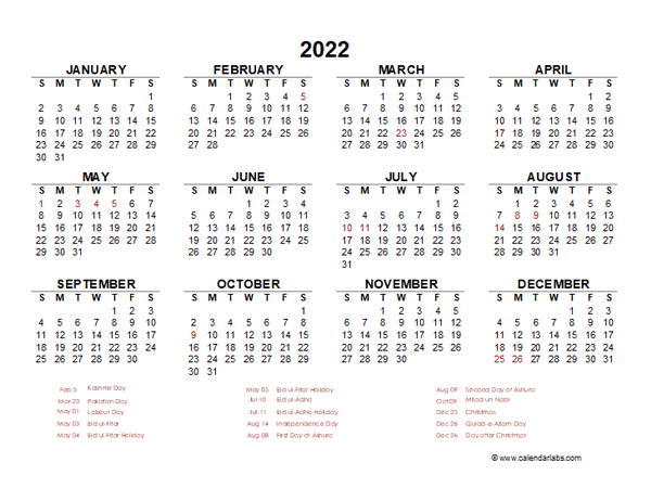 2022 Year at a Glance Calendar with Pakistan Holidays