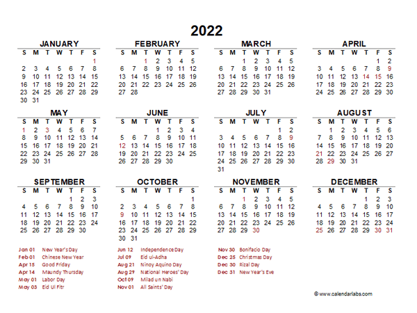 2022 Year at a Glance Calendar with Philippines Holidays