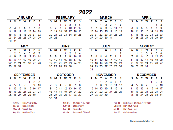 2022 Year at a Glance Calendar with Singapore Holidays
