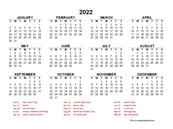 2022 Year at a Glance Calendar with South Africa Holidays