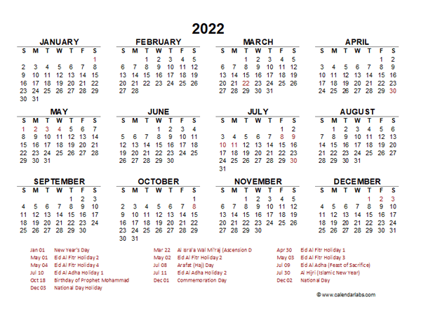 2022 Year at a Glance Calendar with UAE Holidays