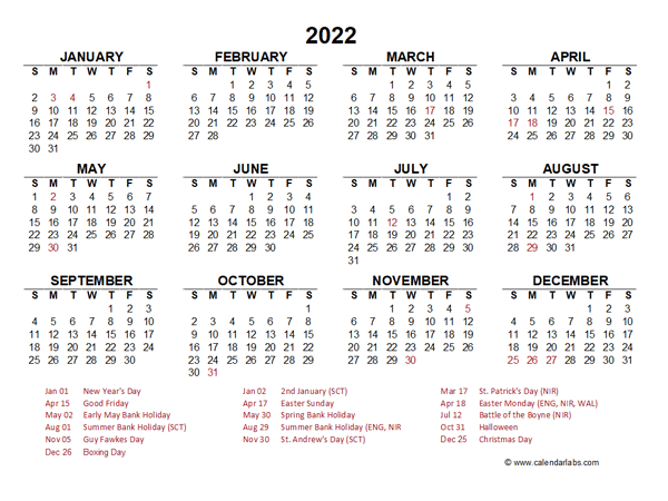 2022 Year at a Glance Calendar with UK Holidays