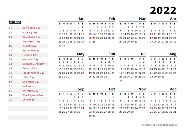 2022 Yearly Calendar Template With US Holidays