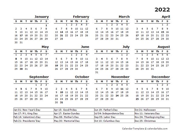 2022 Yearly Calendar Template With US Holidays