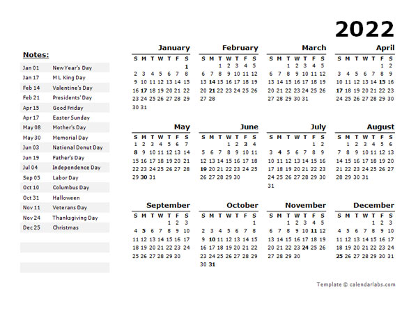 2022 Year Calendar Word Template With Holidays