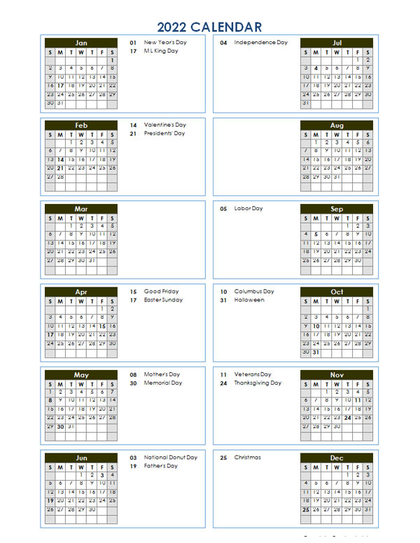 2022 year at a glance word calendar template free