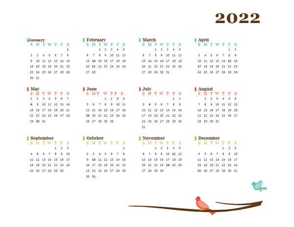 2022 Blank Yearly Calendar Bird Template