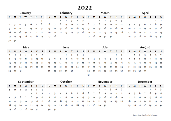 2022 Yearly Blank Calendar Template