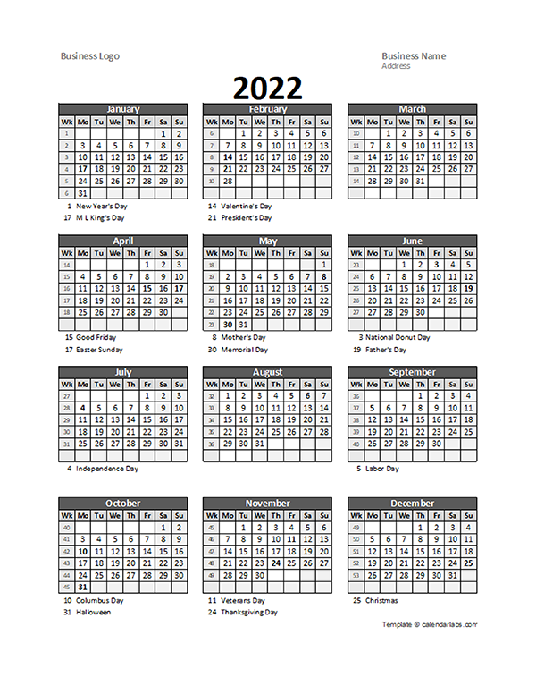 22 Yearly Business Calendar With Week Number Free Printable Templates